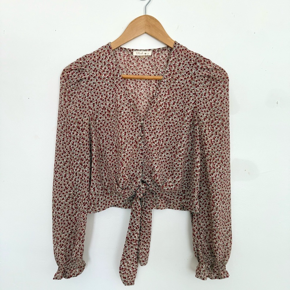 Rose Floral and Cream Blouse with Tie-Front